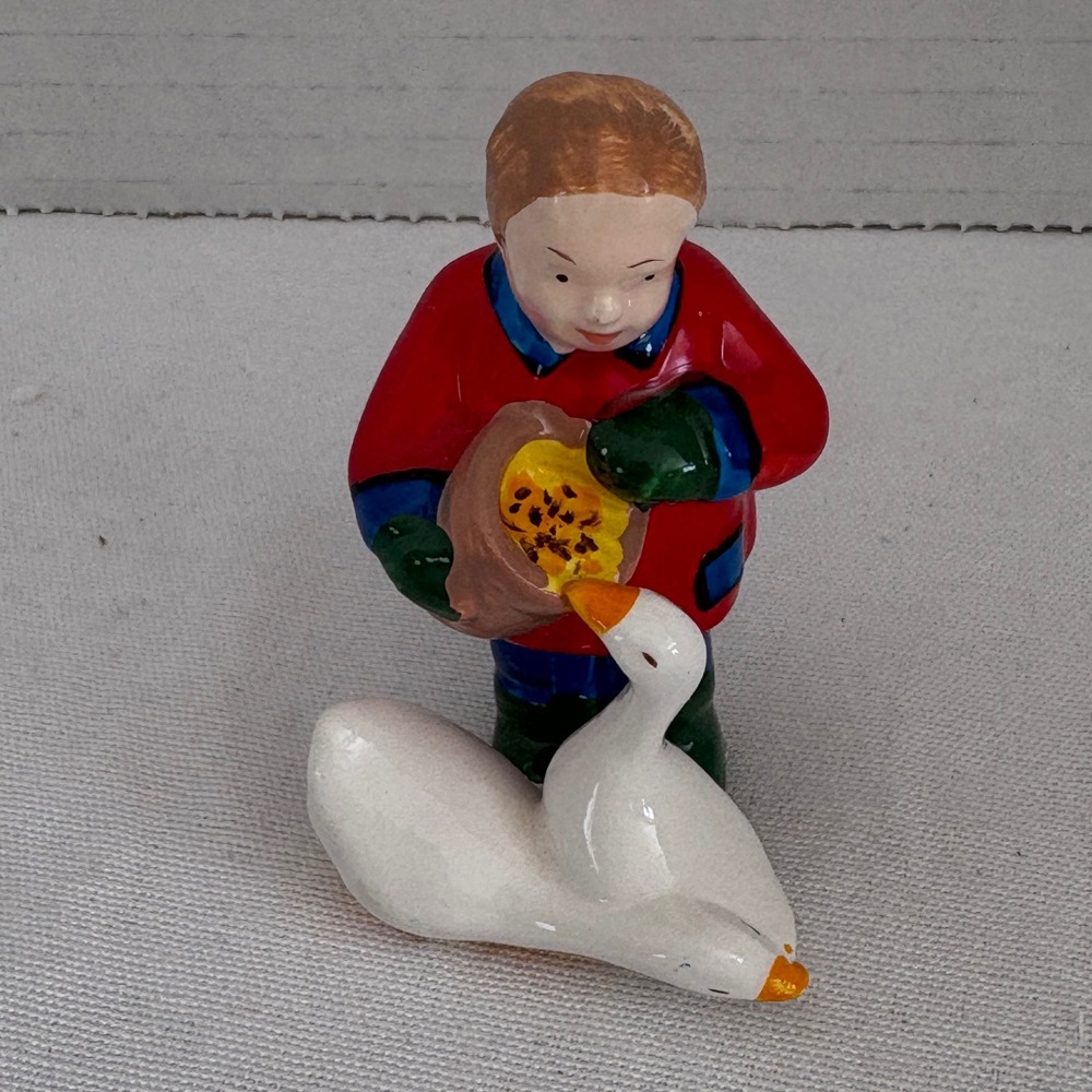 Vintage Style Ceramic Child Feeding Geese Figurine Red Jacket 3in